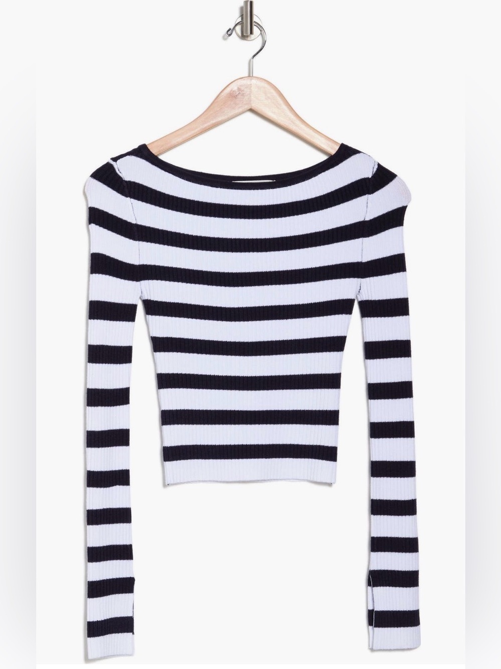 Classic Striped Ribbed Scoop-Neck Sweater - White & Black - Picture 3 of 4